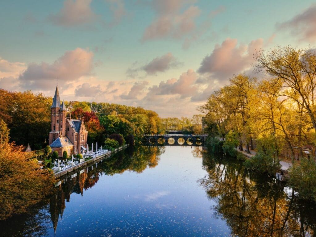 Image: Lake view from Kasteel Minnewater at sunset, Belgium, Europe