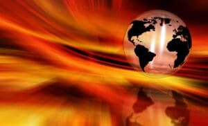 Home Fire globe - abstract (s. climate. temperatures, forever chemicals, wildfires)