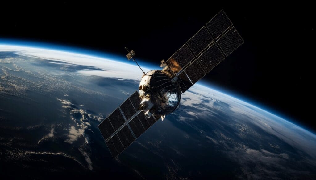 Image: A satellite in orbit with the planet earth in the background