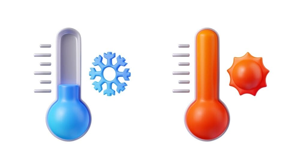 Image: 3d render thermometer show hot or cold temperature