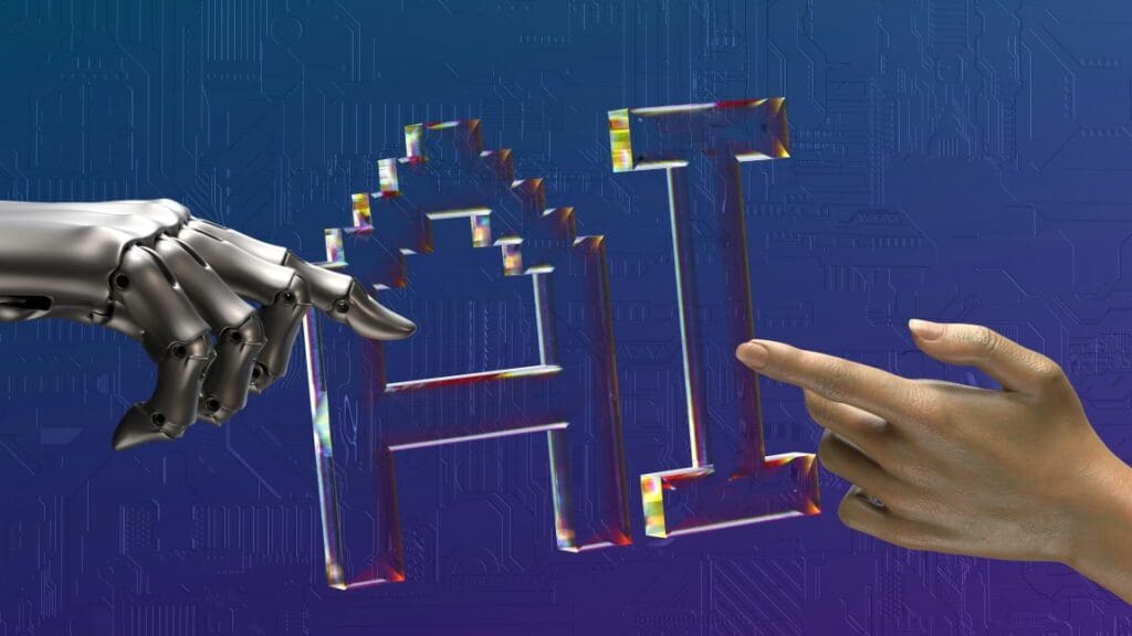 Image: two hands touching each other in front of a blue background (AI)