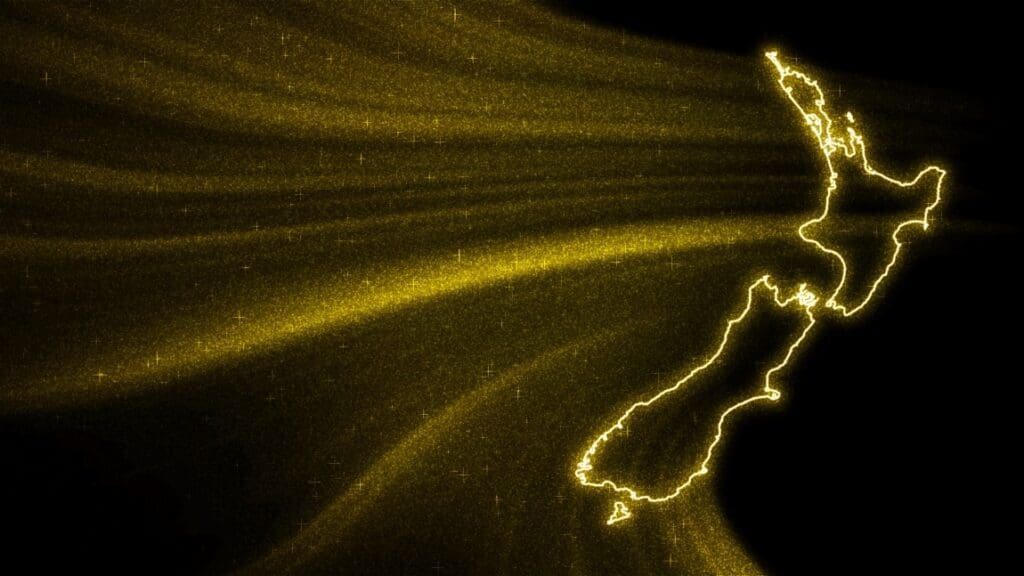 Image: Map of new zealand, gold glitter map on dark background