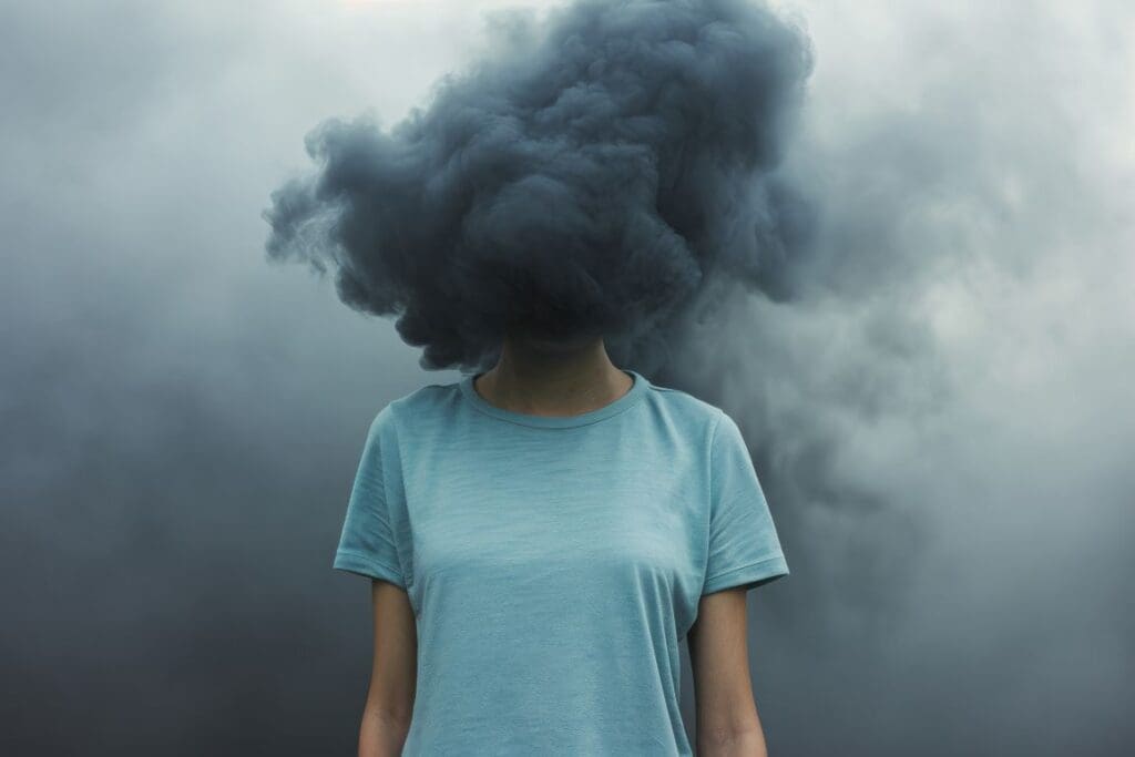 Concept portrait of overstimulated person: repetition, confusion, belief