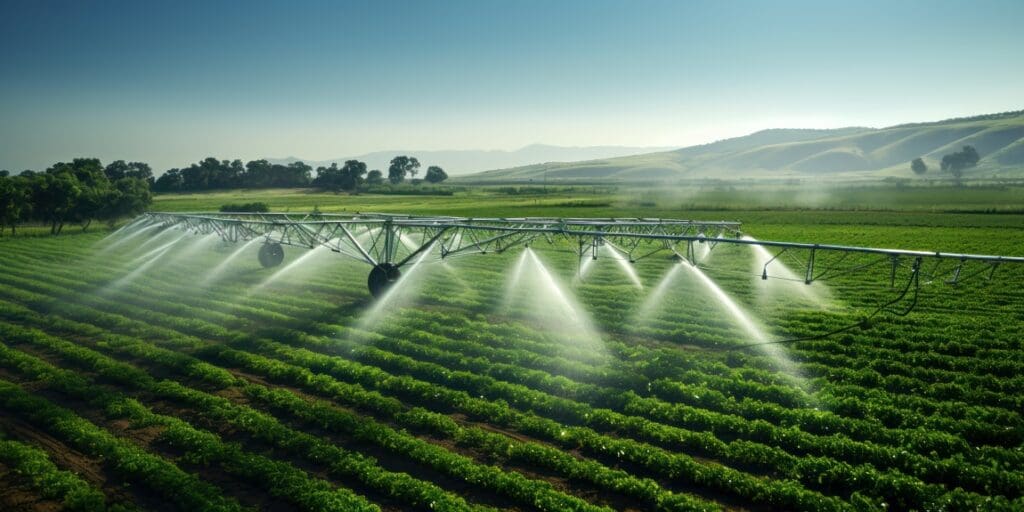 Image: Refreshment from above as sprinklers arc water over the geometric greenery of the fields (AI Gen.) (s. groundwater, climate)