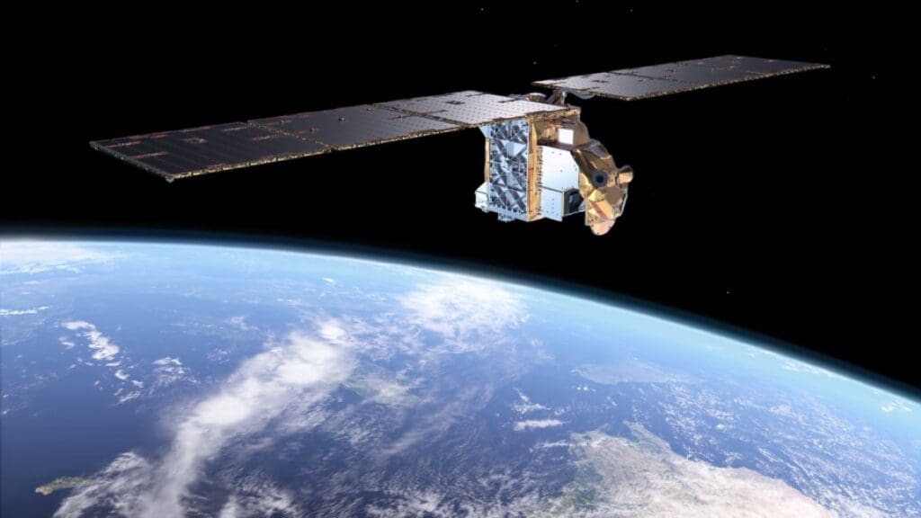 Artificial impression of the Arctic Weather Satellite in its orbit at an altitude of approx. 600 km