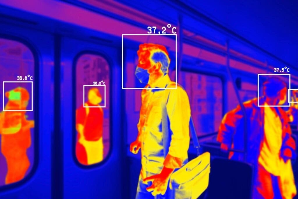 Image: People in colorful thermal scan with celsius degree temperature