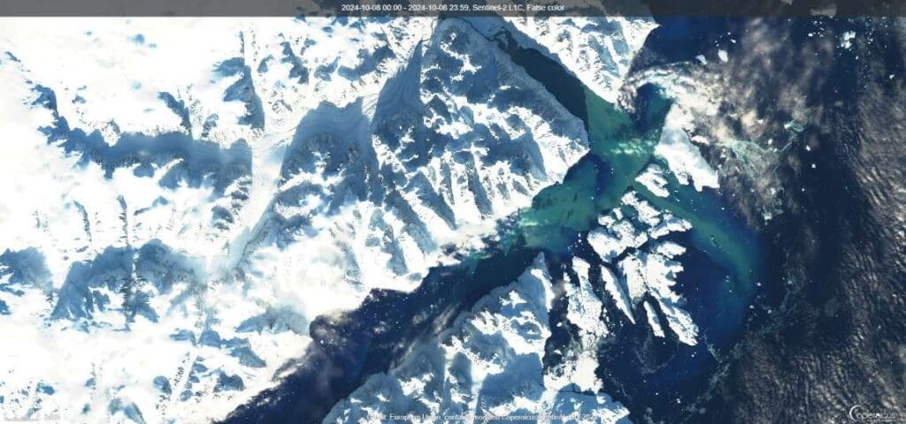 Image of the glacial river flowing into the Scoresbysund fjord taken by the Sentinel satellite