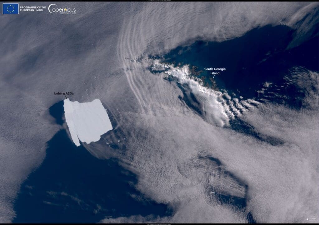 Satellite image: Massive iceberg A23a stalls near South Georgia Island