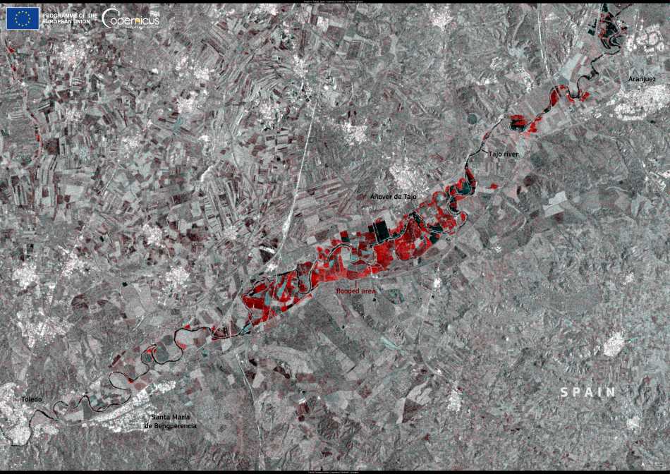 Satellite Image: flooded areas near the town of Añover de Tajo in Castilla-La Mancha (in red tones), Spain