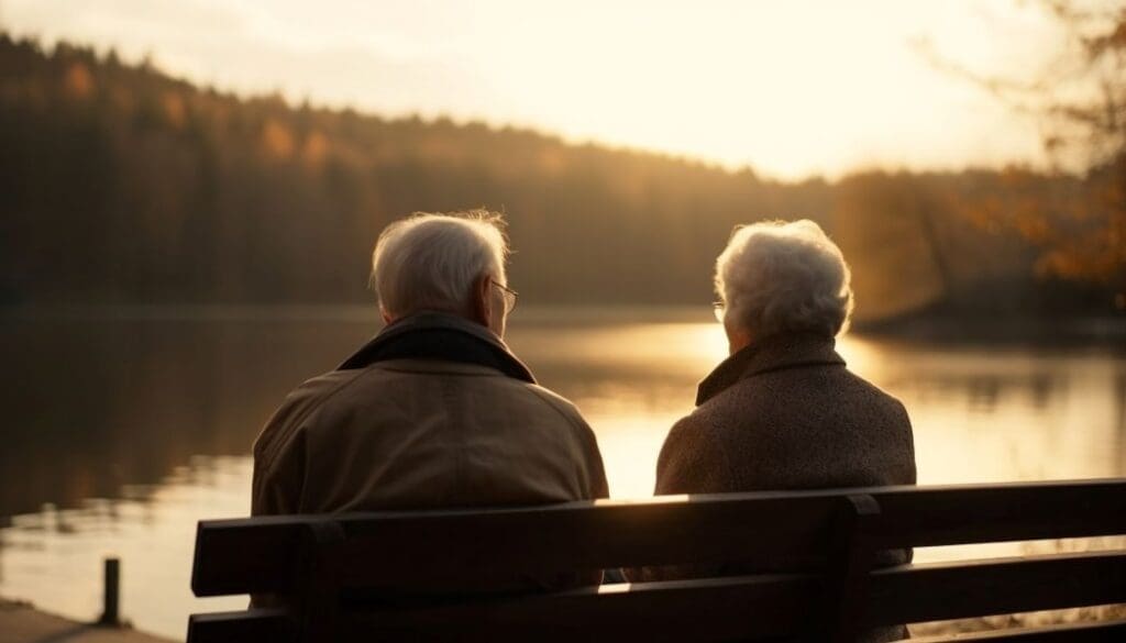 Image: Senior couple sitting on bench enjoying sunset generated by AI (s. health extreme weather events)