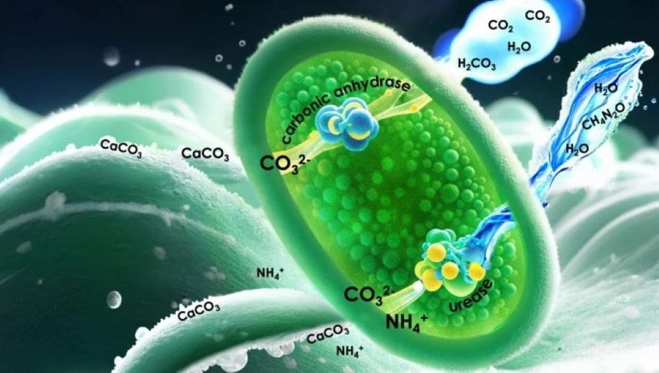 Image: Illustration of urease and CA-induced MICP in B. megaterium using urea and CO₂ as reactants, respectively