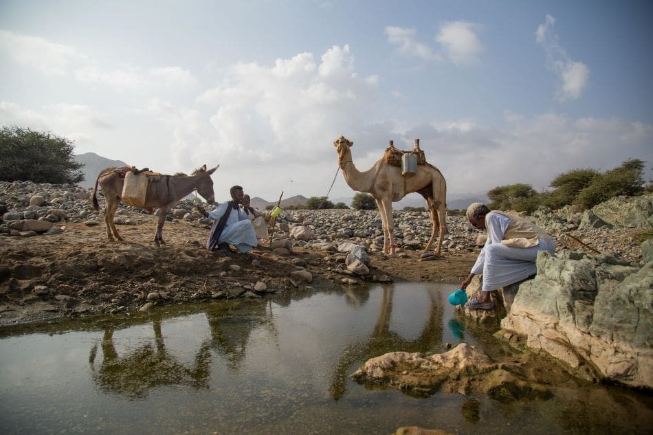 Image: Men prepare to collect water from an unsafe water source in the small village of Gelhanty in Agig locality, Red Sea state