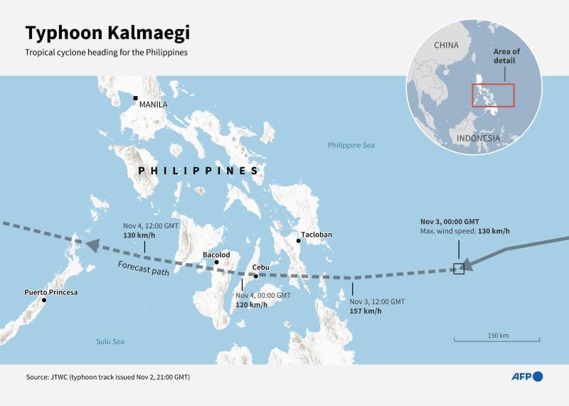 Home Image: Infographic showing typhoon Kalmaegi's track heading in the direction of the Philippines