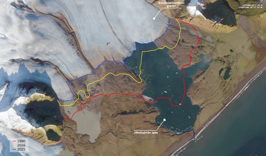 Satellite Image: Breiðamerkurjökull glacier, Iceland. Credit: European Union, Copernicus Sentinel-2 imagery