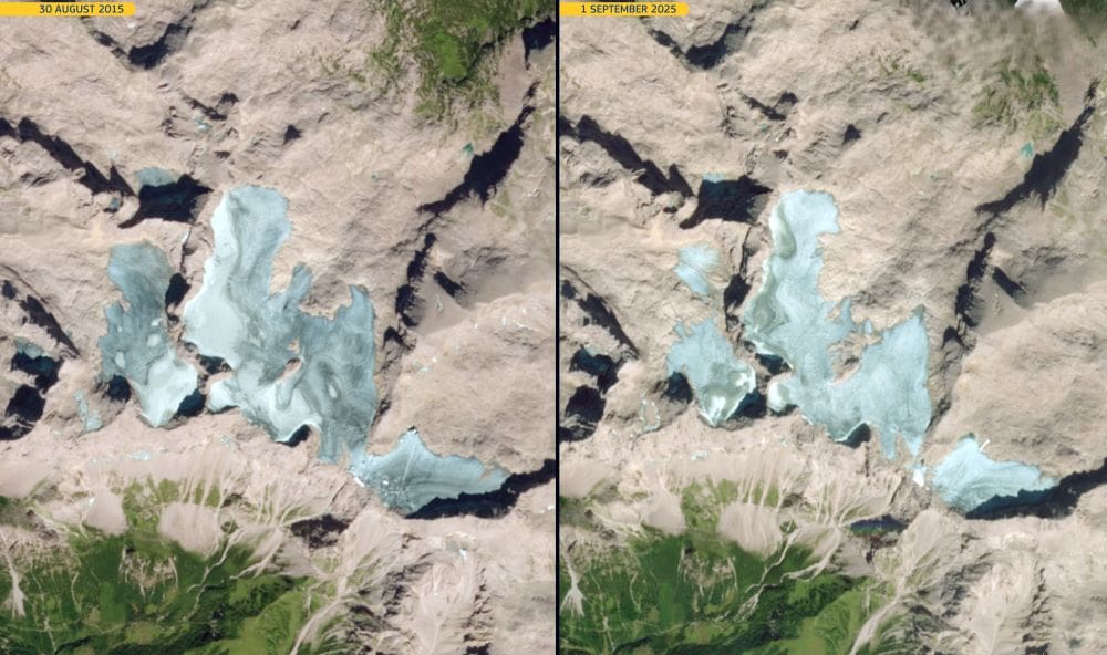 Satellite Images: Glaciers of the Hoher Dachstein Massif (30 August 2015 - left; 1 September 2025 - right)