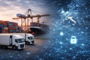 Home Image: port with cargo ship, stacked containers and refrigerated trucks, overlaid with a digital network and map of Europe