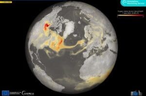 Home Image: Earth, data visualisation shows smoke plumes across the Atlantic