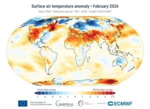 Home Image: Surface air temperature anomaly for February 2026