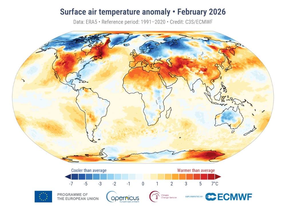 Home Image: Surface air temperature anomaly for February 2026