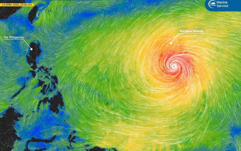 Image: Super Typhoon Sinlaku over the western Pacific Ocean (13 April 2026) - data visualisation