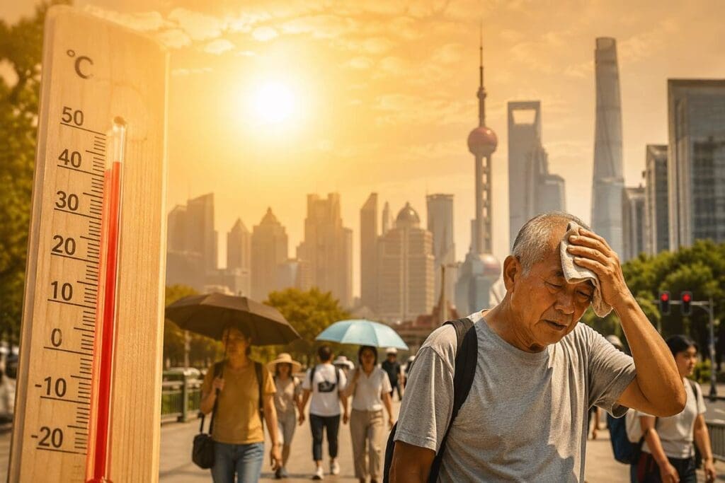 Home Image: Elderly man wiping sweat during a heatwave in a city street, with a large thermometer showing high temperatures and people walking under strong sunlight (s. Extreme heat)