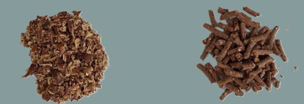 Home Image: chestnuts shells (left), pelletized chestnut shells