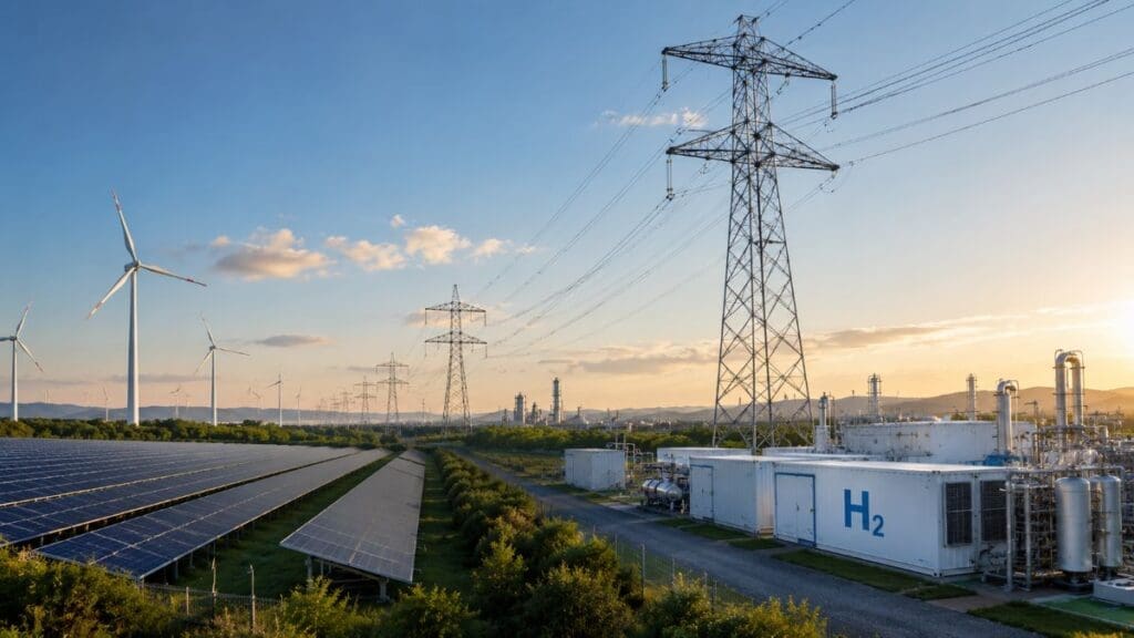 Image: Solar panels, wind turbines, electricity transmission towers, and hydrogen infrastructure in a large renewable energy landscape at sunset