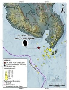 Home Image: Map showing the epicentre of the 08 June 2026 magnitude 7.8 Offshore Sarangani Earthquake and the distribution of aftershocks recorded by 12:00 PM local time