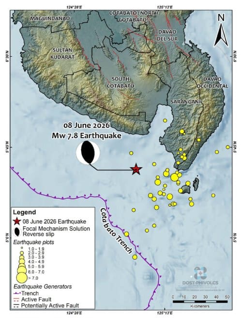Image: Map showing the epicentre of the 08 June 2026 magnitude 7.8 Offshore Sarangani Earthquake and the distribution of aftershocks recorded by 12:00 PM local time