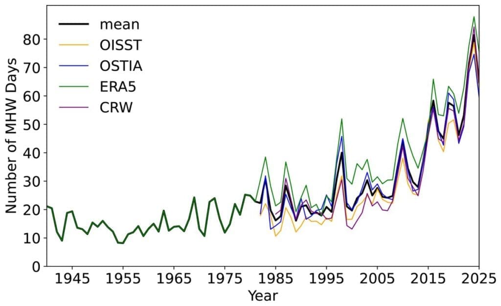 Home Image: Figure 12 - Global mean annual number of marine heatwave (MHW) days from ERA5 (1940–2025), OISST (1982–2025), OSTIA (1982–2025), and CRW (1985–2025), and the mean of these shown in black