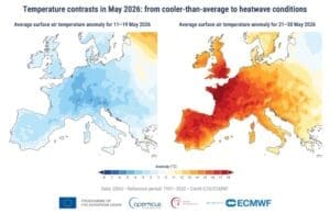 Home Image: map - Average daily surface air temperature anomaly for (left) 11-19 May 2026 and (right) 21–30 May 2026 relative to the corresponding average for the period 1991-2020 (s. hottest May)