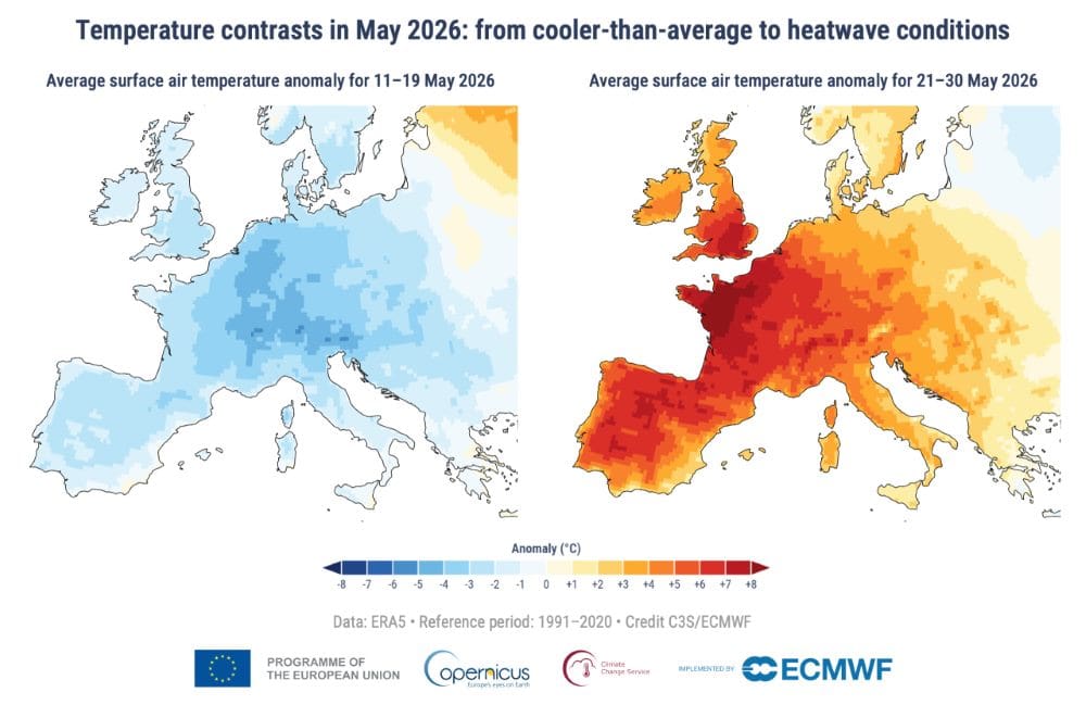 Image: map - Average daily surface air temperature anomaly for (left) 11-19 May 2026 and (right) 21–30 May 2026 relative to the corresponding average for the period 1991-2020 (s. hottest May)