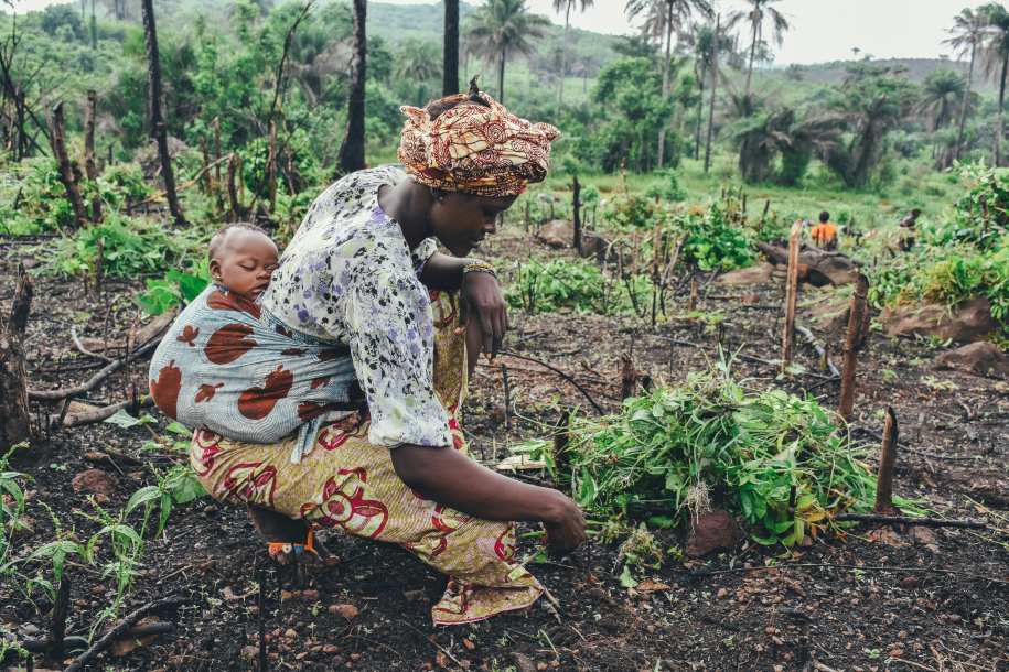 Home Image: A woman carries a baby on her back while working in a field in Sierra Leone
