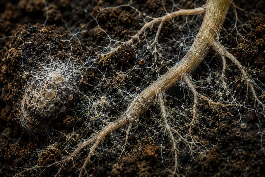 Home Image: Illustration of plant roots and mycorrhizal fungi interacting beneath the soil surface, showing fungal networks surrounding the roots
