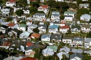 Home Image: Aerial view showcasing vibrant suburban housing in Wellington, New Zealand