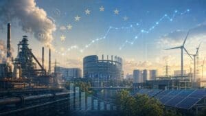 Home Image: EU institutions in Brussels framed by heavy industry, wind turbines and solar panels, with carbon-pricing symbols and market graphs illustrating reforms to the EU Emissions Trading System