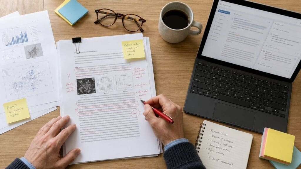 Home Image: Overhead view of a scientific manuscript being reviewed, with handwritten annotations, research figures, notes, a laptop and a red pen on a desk.