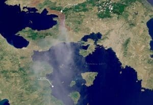 Home Satellite Image: A Copernicus Sentinel-2 image acquired on 2 August 2026 shows the extensive burn scar left by the wildfire near Psatha and Porto Germeno in western Attica, Greece