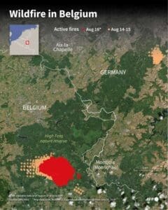 Home Infographic with a map showing the High Fens nature reserve in Belgium, on the border with Germany, showing active fires since August 14, 2026