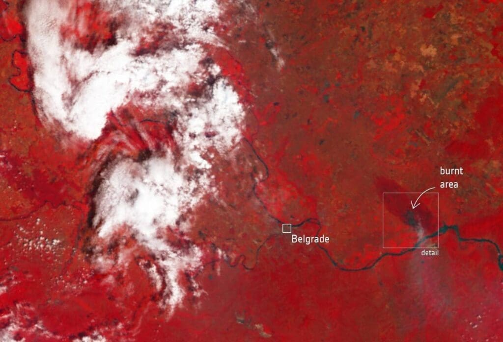 Home Image: Wildfire damage east of Belgrade, Serbia (Copernicus Sentinel-3, 8 August 2026)