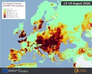 Home Image: Median Fire Weather Index (FWI) anomaly map (Europe, 13-19 Aug. 2026)