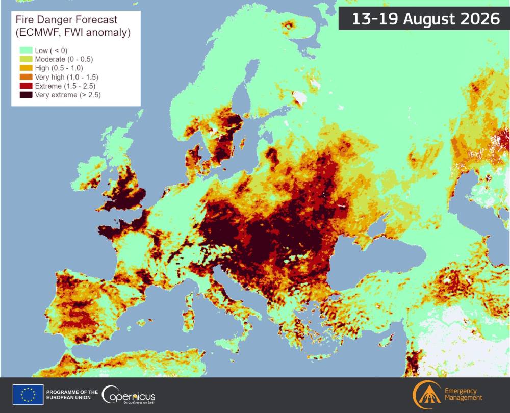 Image: Median Fire Weather Index (FWI) anomaly map (Europe, 13-19 Aug. 2026)