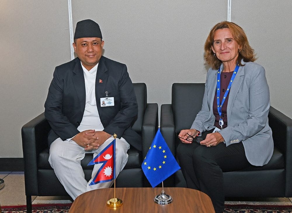 Image: Shisir Khanal, Minister of Foreign Affairs of Nepal, left, meets European Commission Executive Vice-President Teresa Ribera at the United Nations in New York on September 21, 2026