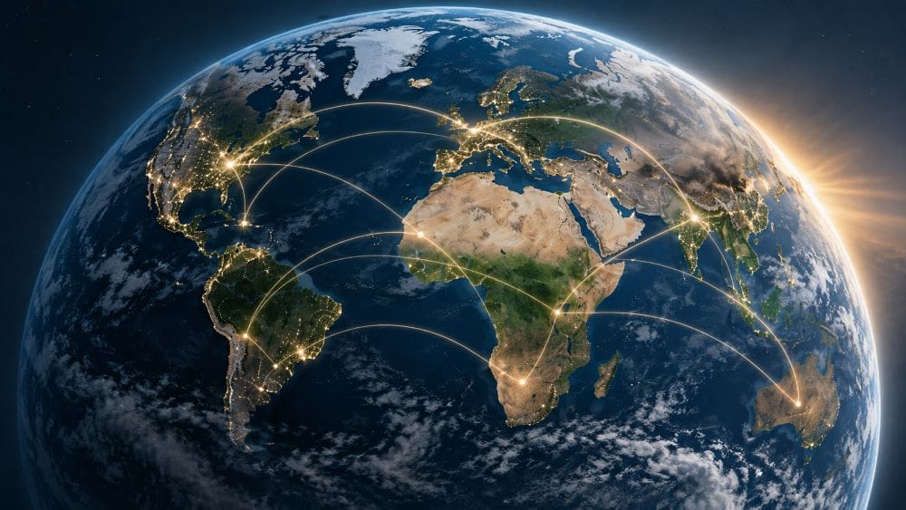 Home Image: Illustration of Earth with glowing connections linking regions across the globe, representing international cooperation on climate action and emissions reductions (AI Gen.)