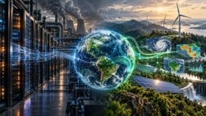 Home Image: Digital illustration showing AI data centres and industrial emissions alongside renewable energy, climate monitoring systems and a connected Earth
