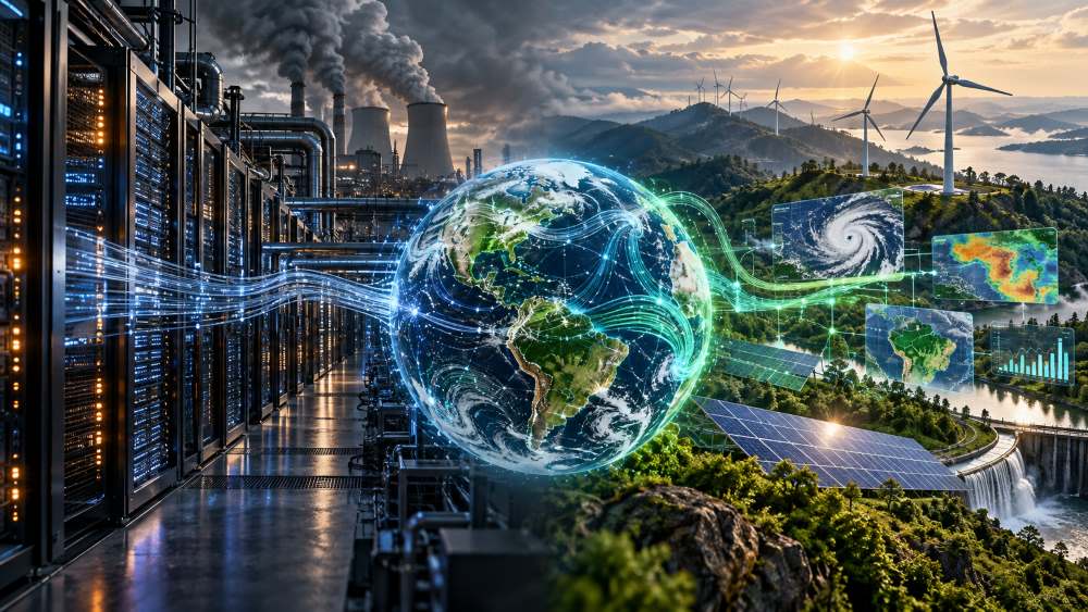 Image: Digital illustration showing AI data centres and industrial emissions alongside renewable energy, climate monitoring systems and a connected Earth