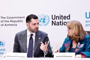Home Image: Hambardzum Matevosyan, Armenia's Minister of Environment and COP17 President, alongside Astrid Schomaker, Executive Secretary of the UN Convention on Biological Diversity, at a press conference in Yerevan