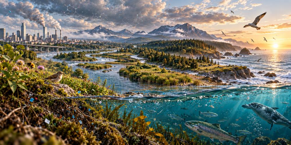 Image: Panoramic illustration of persistent pollution moving from an industrial city through rivers and wetlands into the sea, with wildlife above and below the waterline and fine plastic particles dispersed across connected ecosystems. | Muser Press (AI generated)