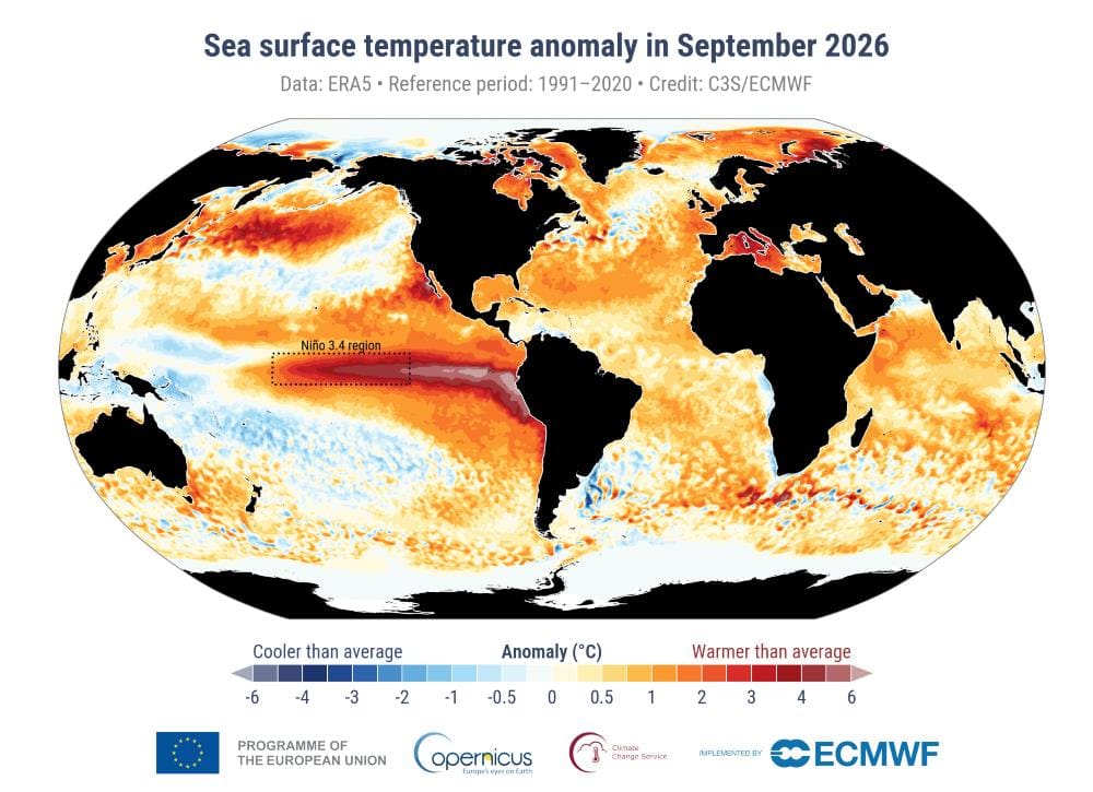 Image: Sea surface temperature anomaly for September 2026